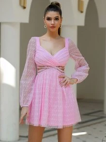 Double Crazy Cut Out Lace Dress - Pink - View 6
