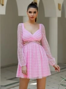 Double Crazy Cut Out Lace Dress - Pink - View 7