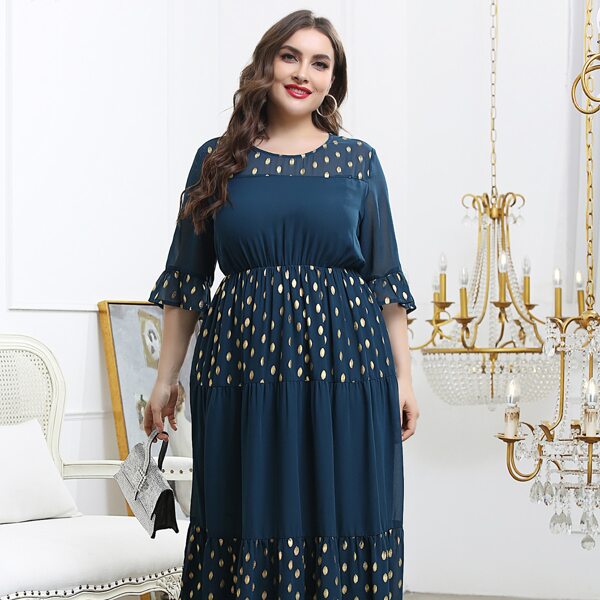 

Plus Gold Polka Dot Ruffle Hem A-line Dress, Navy blue