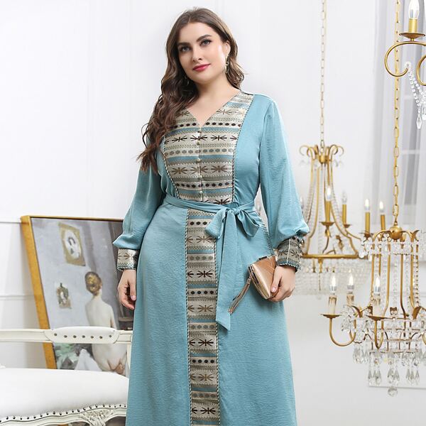 

размера плюс Платье А-силуэта контрастный поясом, Мятно-синий