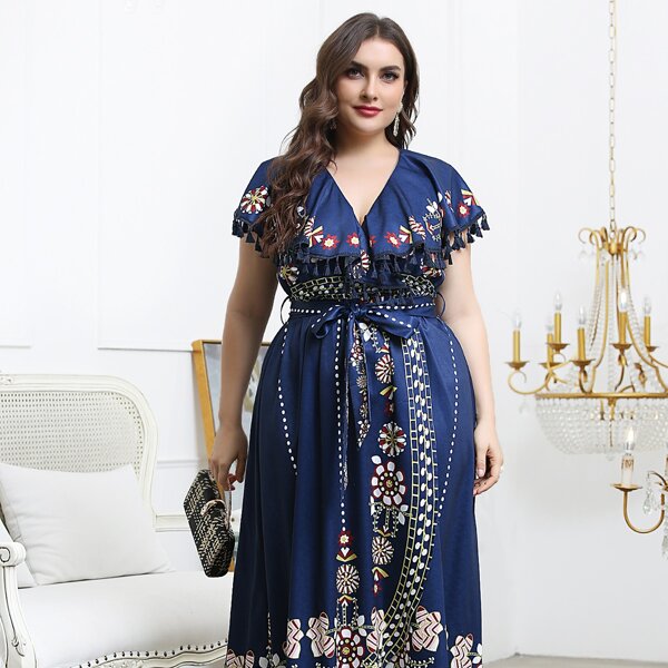 

Plus Floral Fringe Belted A-line Dress, Navy blue