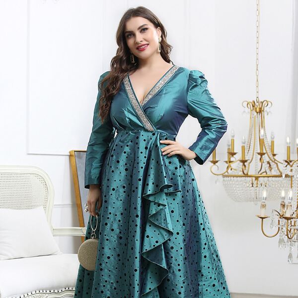 

Plus Puff Sleeve Exaggerated Ruffle Trim Dress, Green