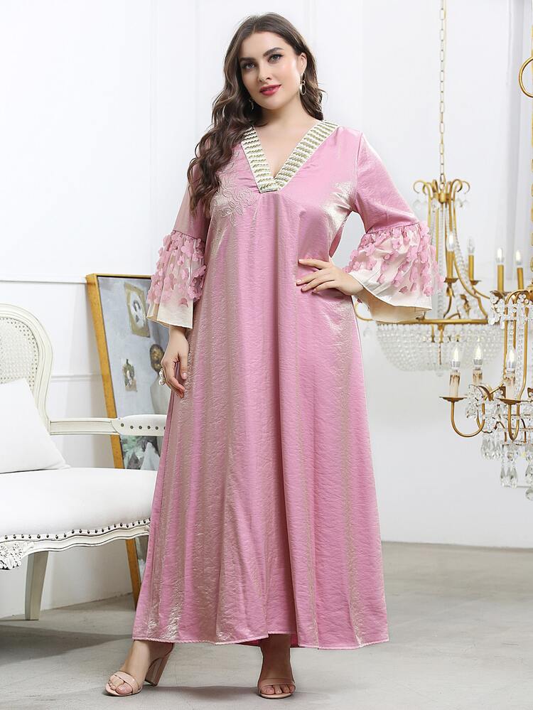 Broderi Blommig Elegant Plus Size Klänning - Rosa - Visa 4