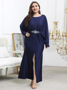 Plus Rhinestone Split Thigh Dress - Navy Blue - View 1