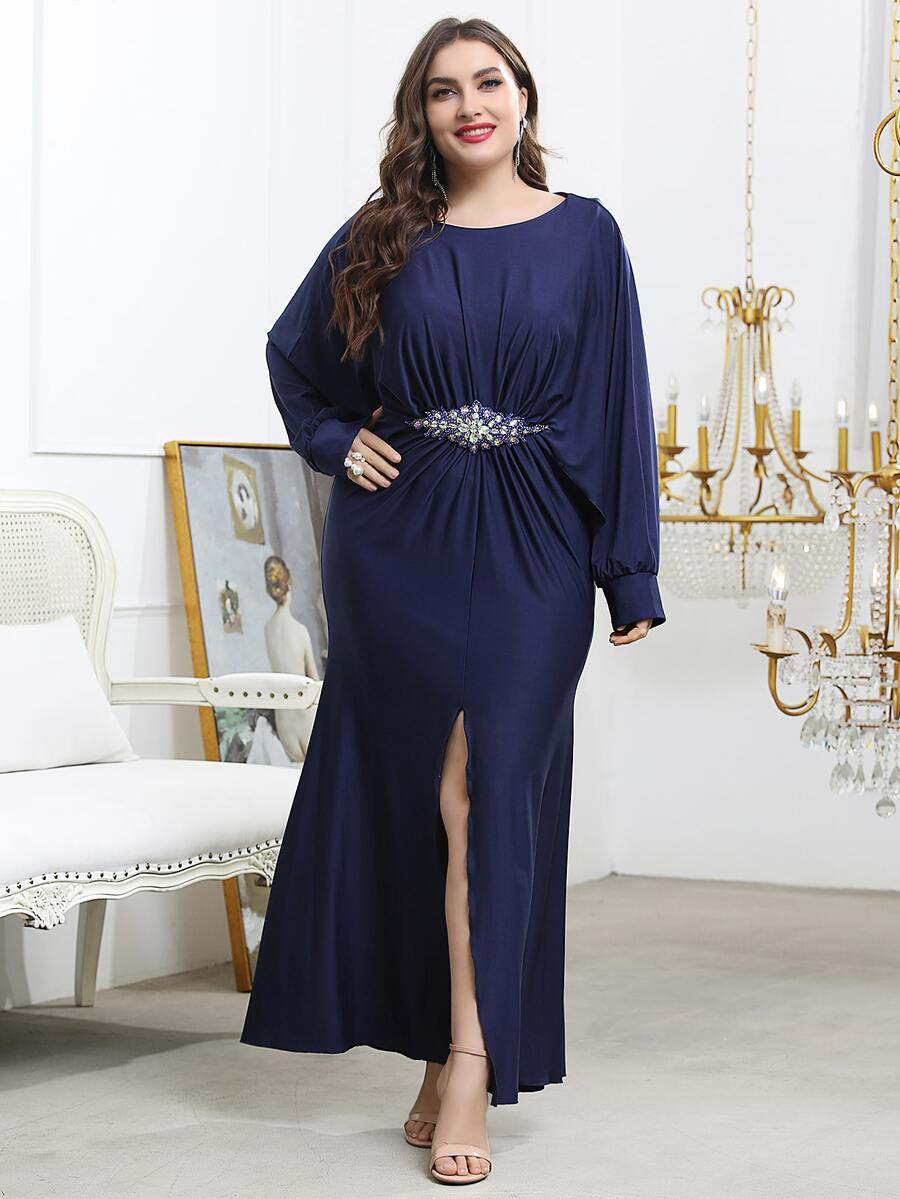 Plus Rhinestone Split Thigh Dress - Navy Blue - View 1