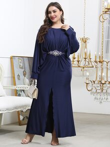 Plus Rhinestone Split Thigh Dress - Navy Blue - View 3