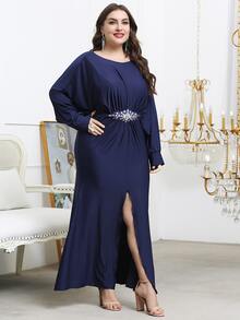 Plus Rhinestone Split Thigh Dress - Navy Blue - View 4
