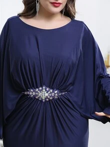 Plus Rhinestone Split Thigh Dress - Navy Blue - View 5