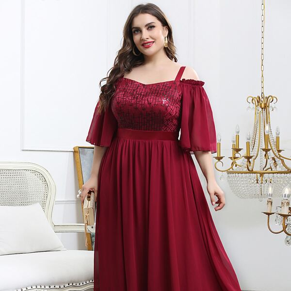 

Plus Contrast Sequin Cold Shoulder Maxi Dress, Burgundy