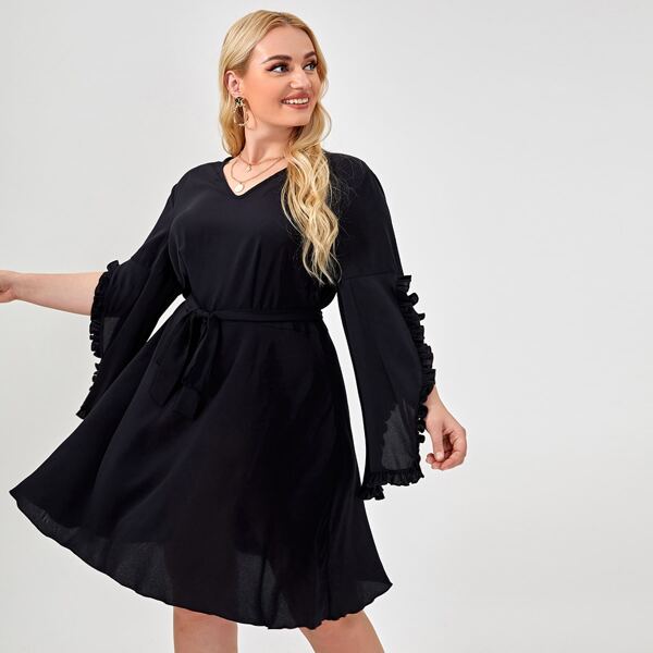 

Plus Solid Frill Trim Belted Dress, Black