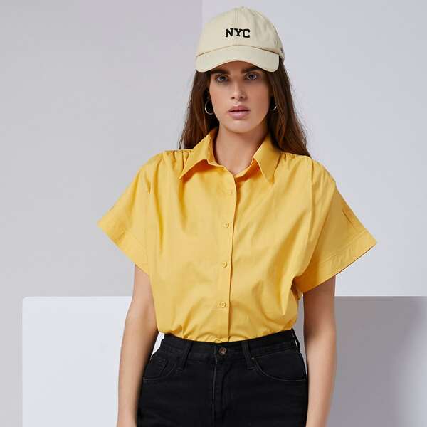 

Batwing Sleeve Solid Blouse, Yellow