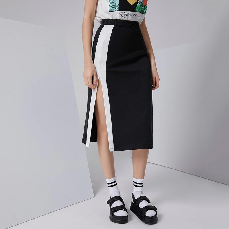 

Contrast Sideseam Split Thigh Skirt, Black