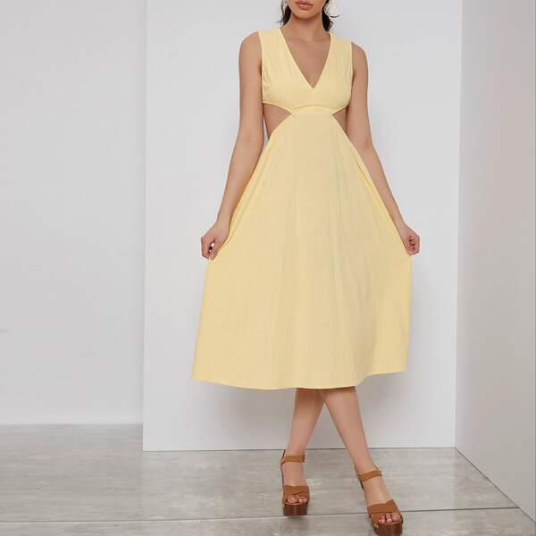 

Cutout Waist Solid Dress, Yellow