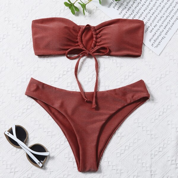 

Tie Front Bandeau Bikini Swimsuit, Redwood