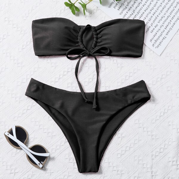 

Tie Front Bandeau Bikini Swimsuit, Black