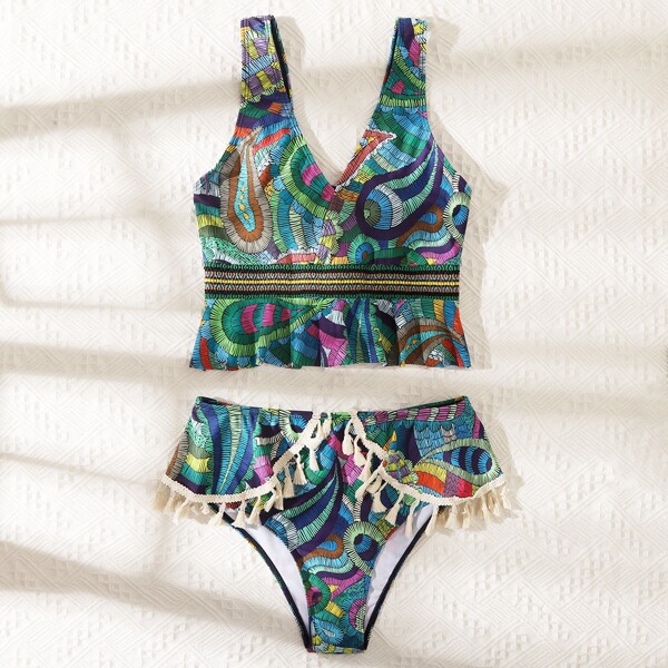 

Paisley Print Tassel Trim Bikini Swimsuit, Green