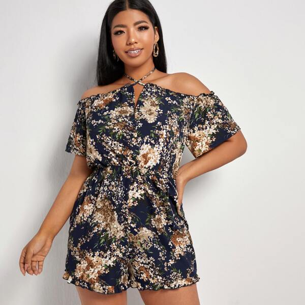 

Plus All Over Floral Print Cold Shoulder Romper, Multicolor