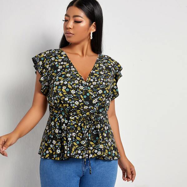 

Plus All Over Floral Print Surplice Neck Belted Blouse, Multicolor