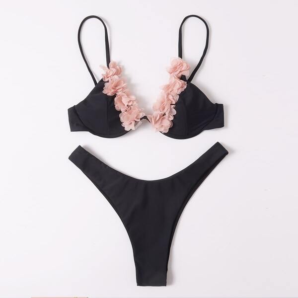 

Appliques Underwire High Cut Bikini Swimsuit, Black