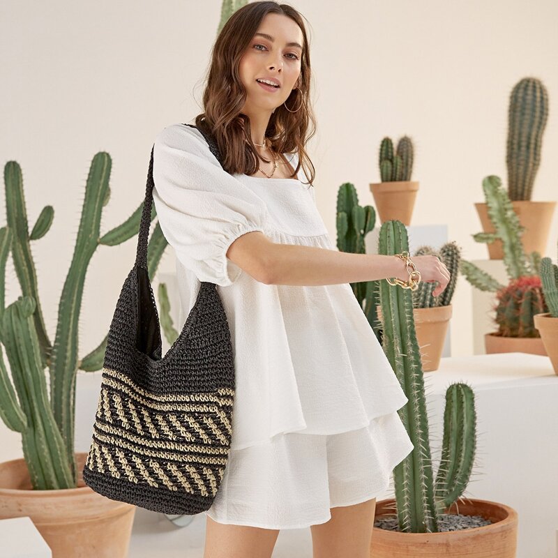 

Two Tone Straw Shoulder Bag, Black