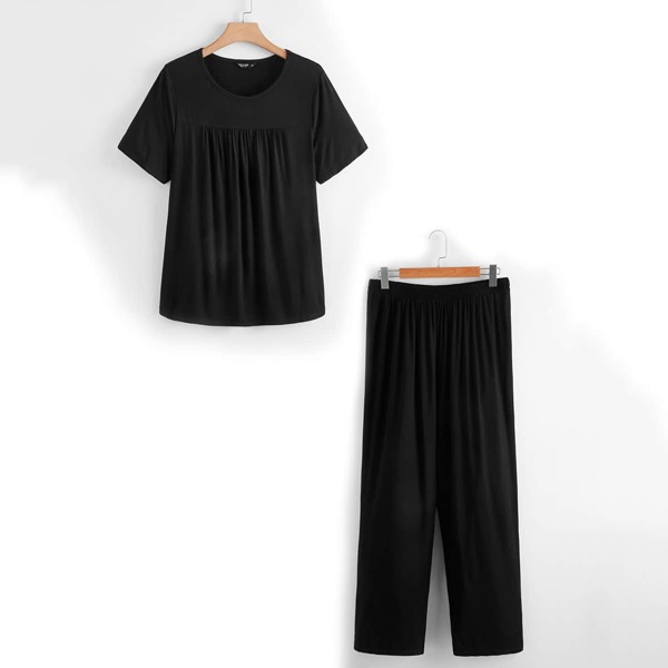 

Plus Solid Tee With Elastic Waist Pants, Black