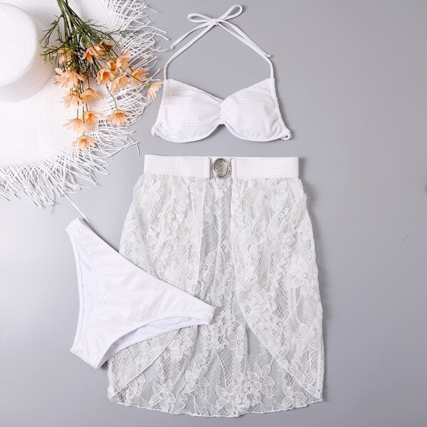 

3pack Ruched Halter Bikini Swimsuit & Cover Up, White