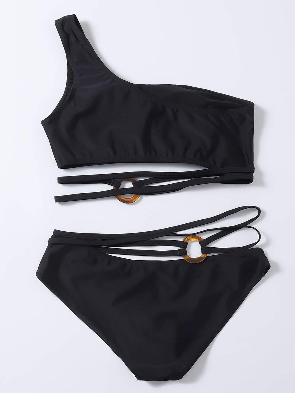 Ring Linked One Shoulder Bikini Set Summer Beach