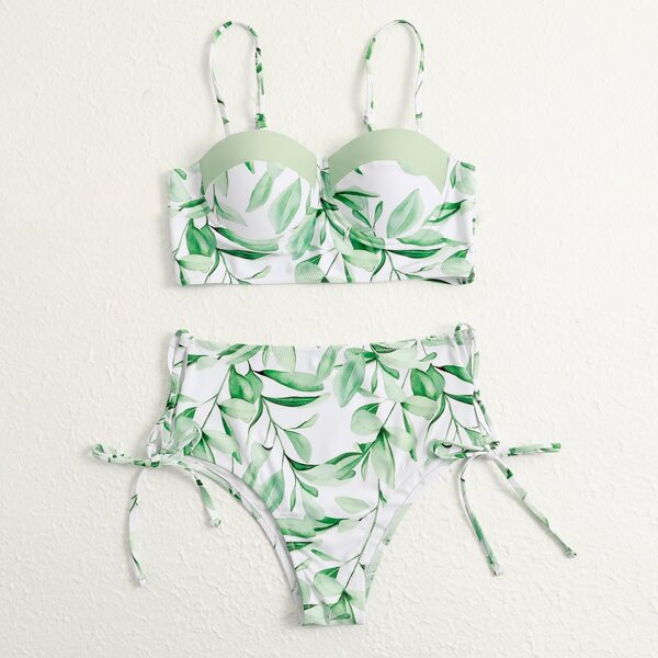 

Leaf Print Push Up Bikini Swimsuit, Green