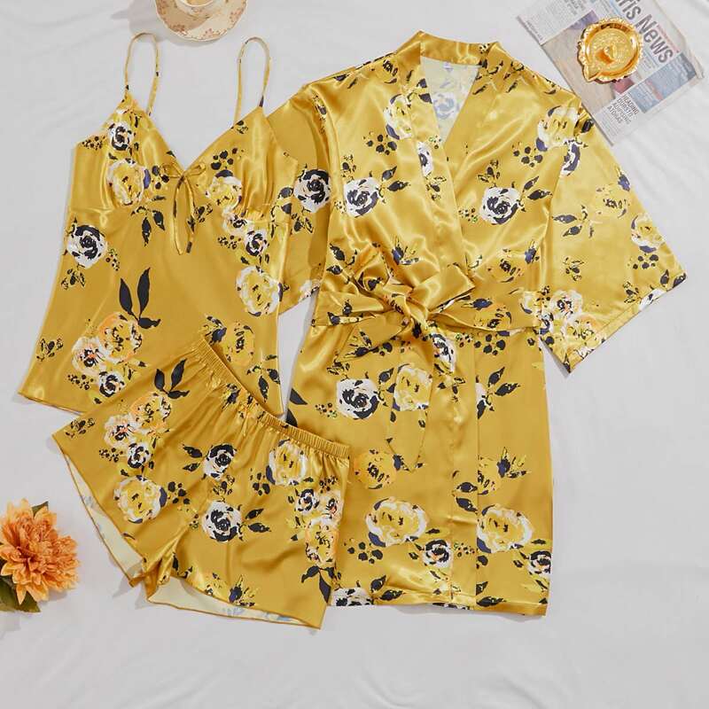 

3pcs Floral Print Belted Satin PJ Set, Yellow
