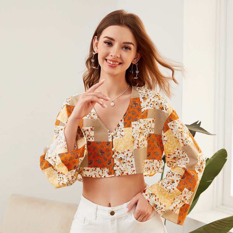 

Single Breasted Patchwork Print Crop Blouse, Multicolor