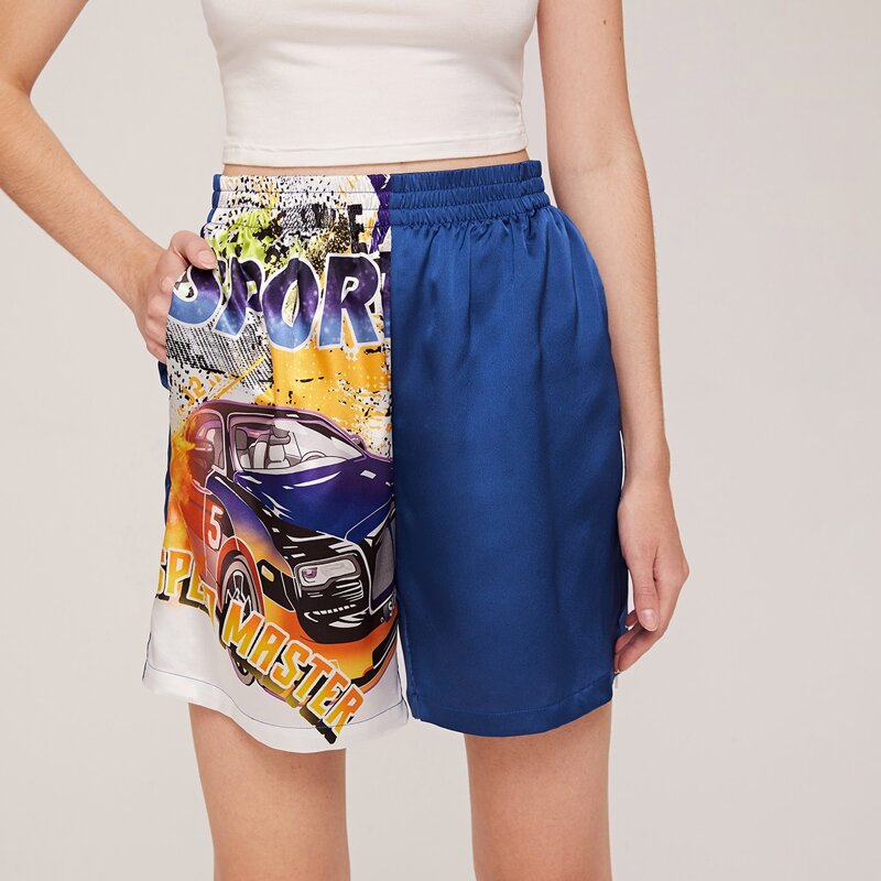 

Car Print Pocket Side Satin Shorts, Multicolor