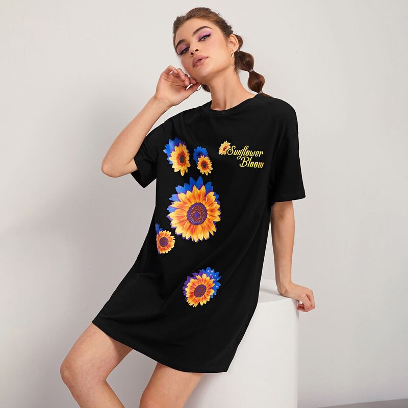 

Letter and Sunflower Print Dress, Black