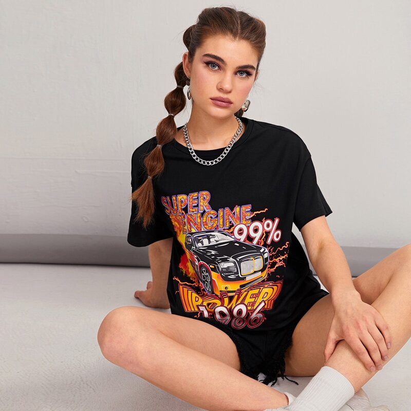 

Letter & Car Print Drop Shoulder Tee, Black