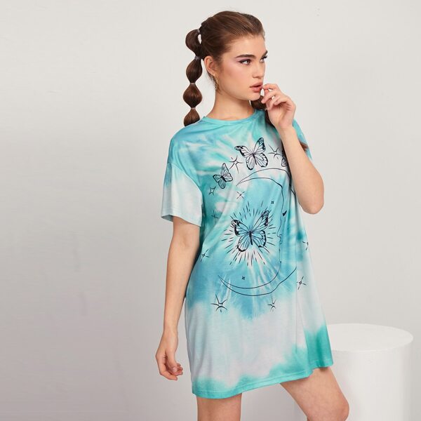 

Butterfly Print Tie Dye Tee Dress, Blue and white