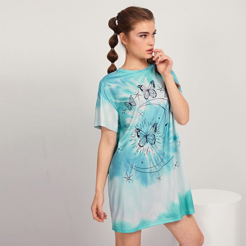 

Butterfly Print Tie Dye Tee Dress, Blue and white