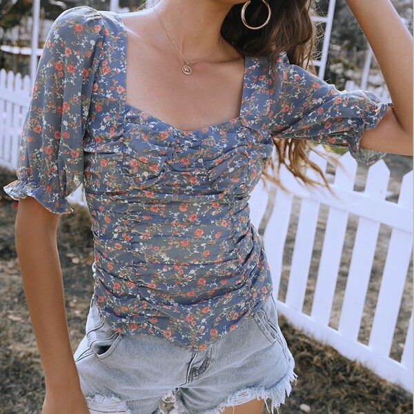 

Floral Print Flounce Sleeve Ruched Blouse, Multicolor