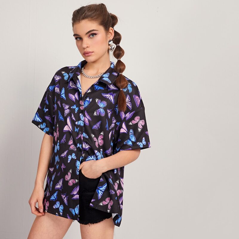

Allover Butterfly Print Drop Shoulder Blouse, Multicolor