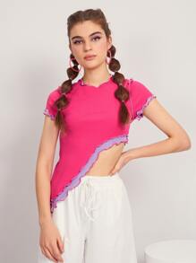 SHEIN Unity Lettuce Trim Asymmetrical Hem Two Tone Top - Hot Pink - View 1