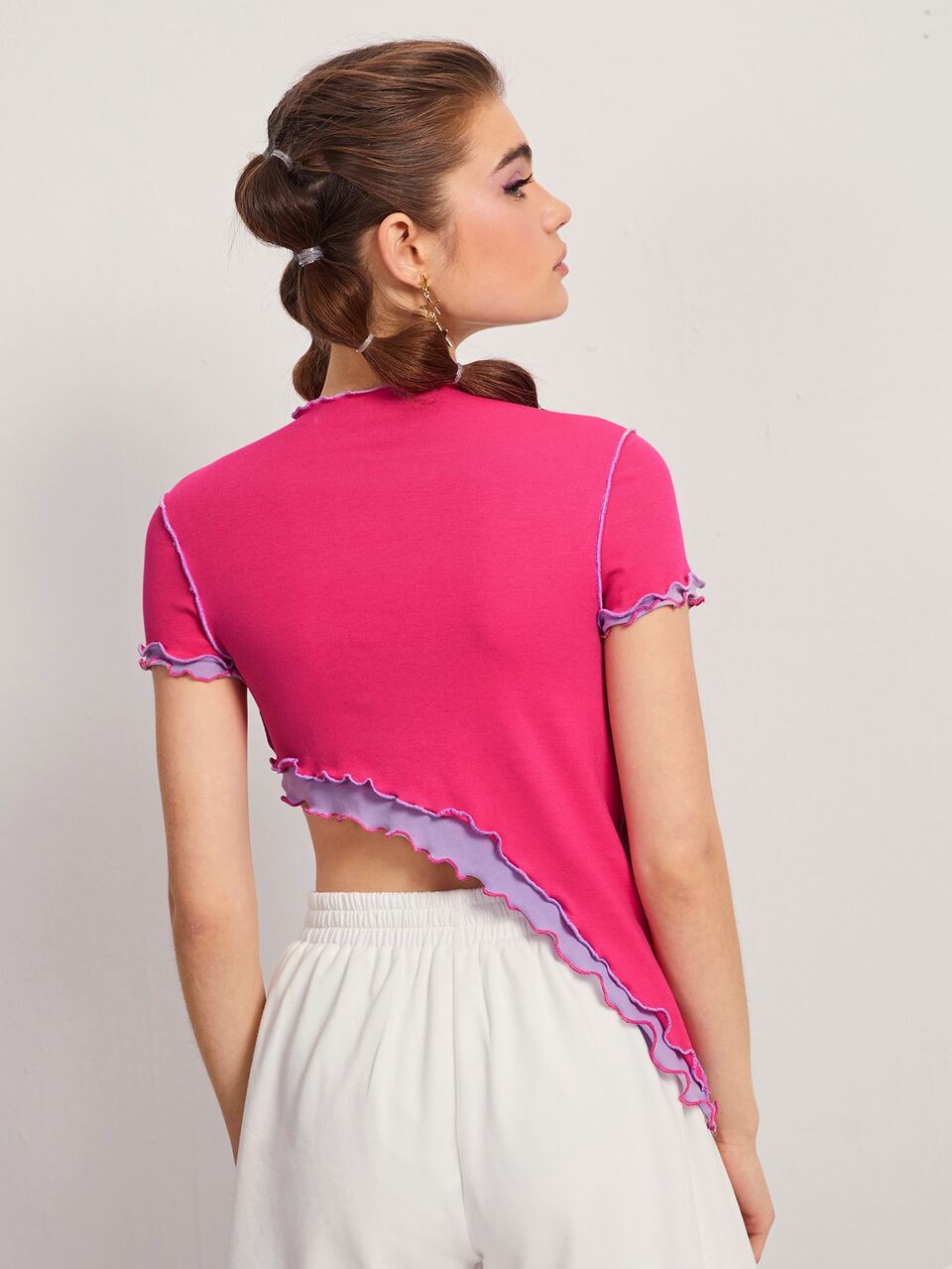 Lettuce Trim Asymmetrical Hem Two Tone Top