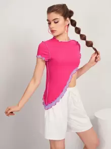 SHEIN Unity Lettuce Trim Asymmetrical Hem Two Tone Top - Hot Pink - View 4