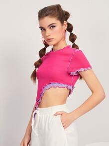 SHEIN Unity Lettuce Trim Asymmetrical Hem Two Tone Top - Hot Pink - View 5