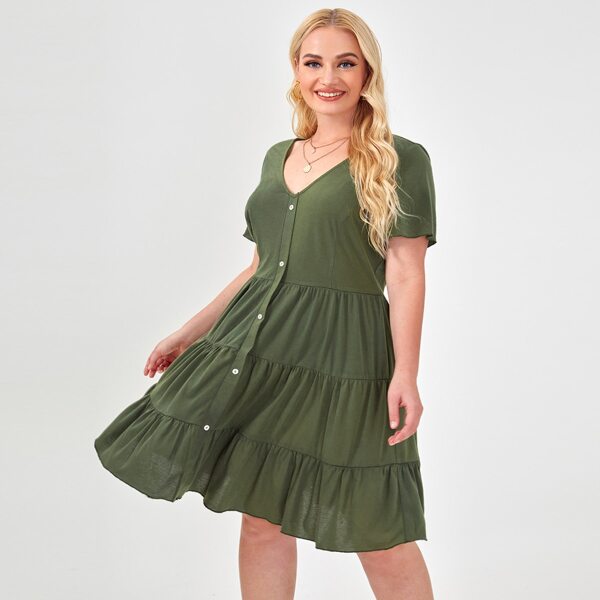 

Plus Ruffle Hem Button Front Dress, Army green