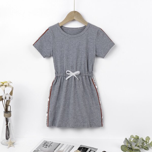 

Toddler Girls Letter Tape Bow Front Dress, Grey