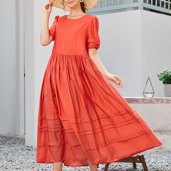 

Puff Sleeve Tie Back Smock Dress, Red