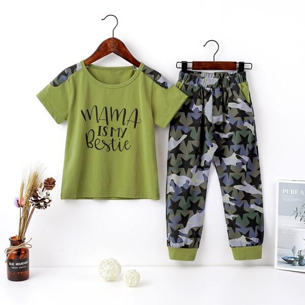 

Toddler Boys Camo and Slogan Print Top & Pants Set, Multicolor