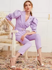 SHEIN 泡泡袖搭扣腰帶襯衫和褲子套裝 - 紫丁香色 - 查看 1