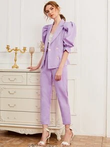 SHEIN 泡泡袖搭扣腰帶襯衫和褲子套裝 - 紫丁香色 - 查看 4