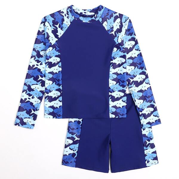 

Boys Random Shark Print Swimsuit, Blue