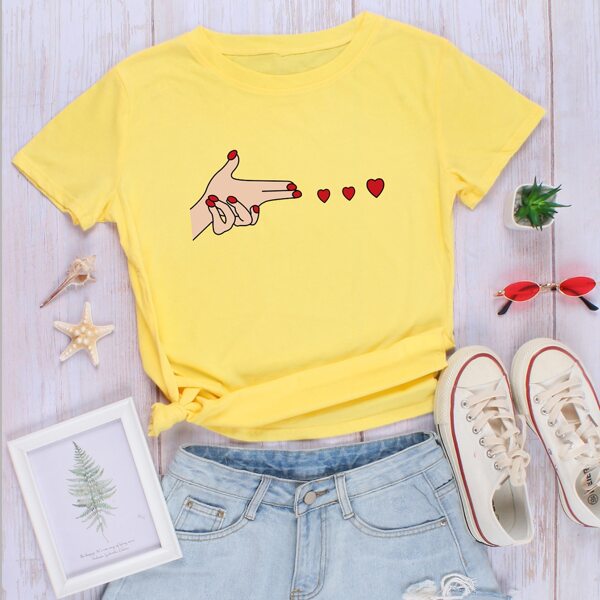 

Gesture And Heart Print Tee, Yellow
