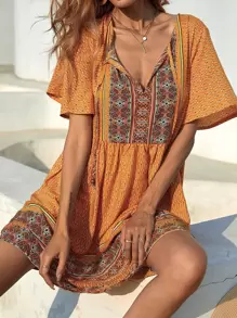 Vestido smock con estampado de paisley - Mostaza Amarilla - Ver 1